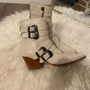 Matisse white snakeskin buckle up bootie